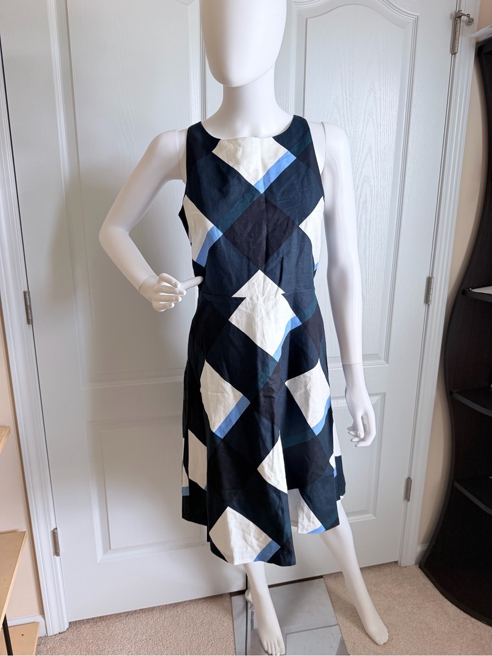 New Ann Taylor Navy, White & Light Blue Geometric Sleeveless Linen Dress Size 4